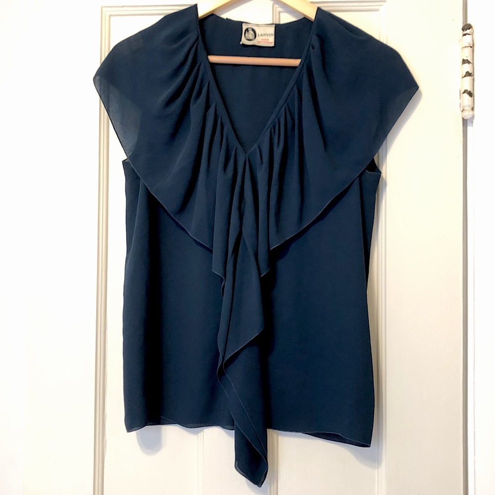 LANVIN Navy Sleeveless Blouse With Ruffles, Size 38 (m), Excellent Condition - Picture 1 of 6